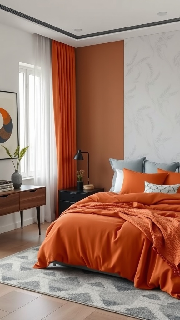 A stylish bedroom featuring burnt orange bedding and curtains with gray walls and furniture.