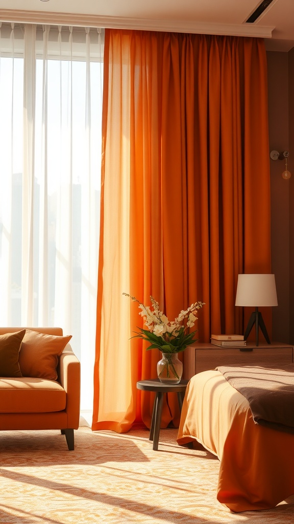 A cozy bedroom featuring burnt orange curtains, a sofa, and soft furnishings with a warm ambiance.