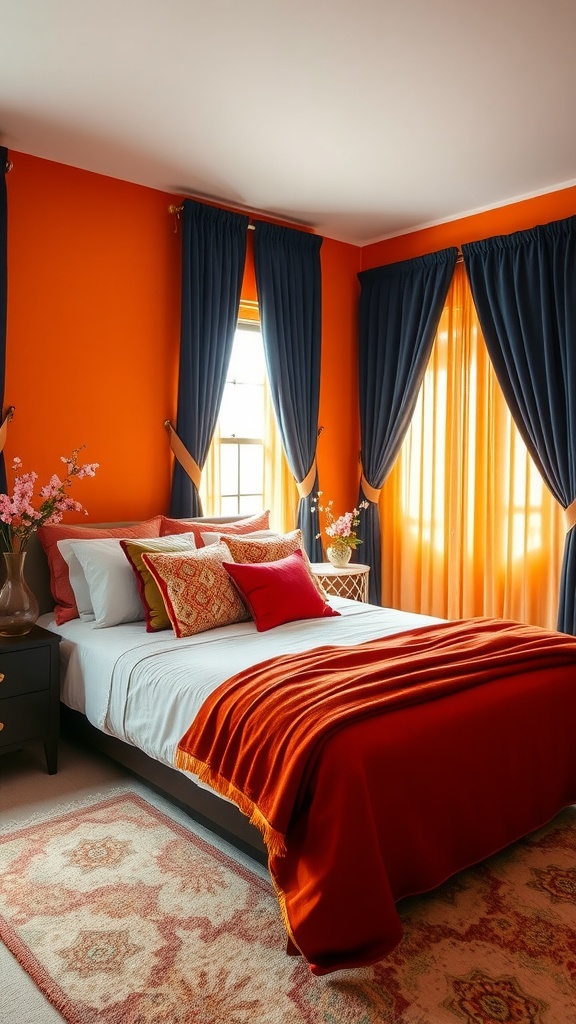Cozy bedroom with burnt orange walls and deep blue accents, featuring a stylish bed with colorful pillows and a warm atmosphere.