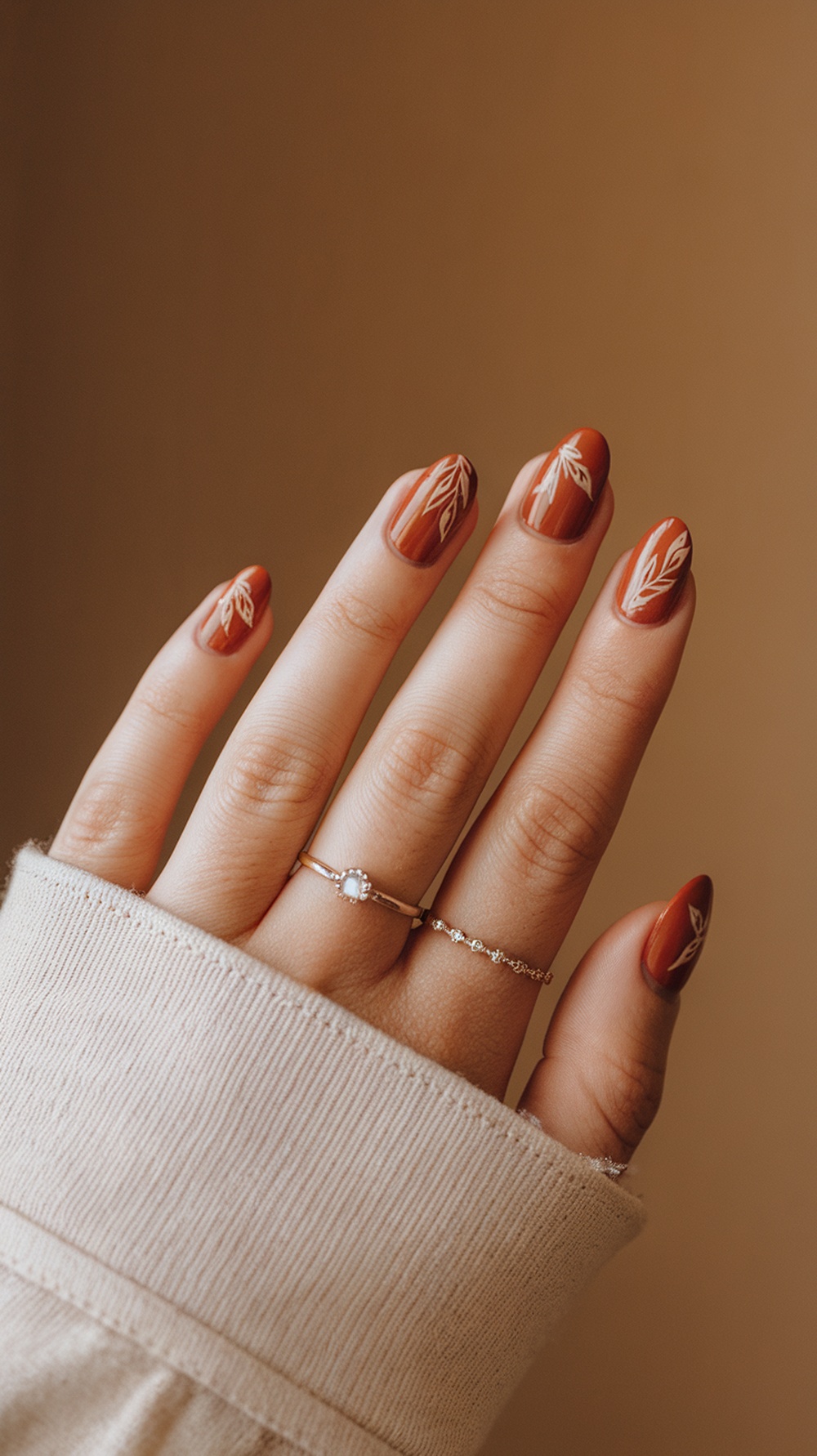 Nails painted in burnt sienna with white leaf patterns, showcasing a cozy autumn vibe.