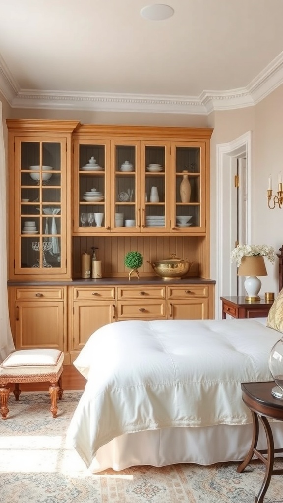 A wooden butler's pantry with glass doors displaying dishes and decorative items.