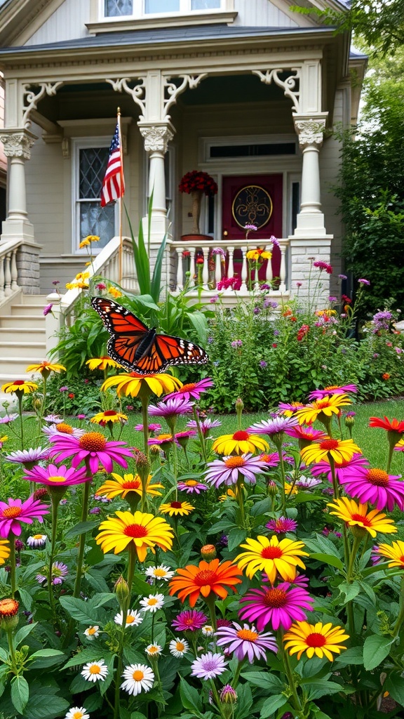 A vibrant Victorian front garden filled with colorful flowers and a butterfly.