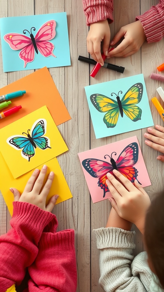 Children creating colorful butterfly cards using markers and colored paper