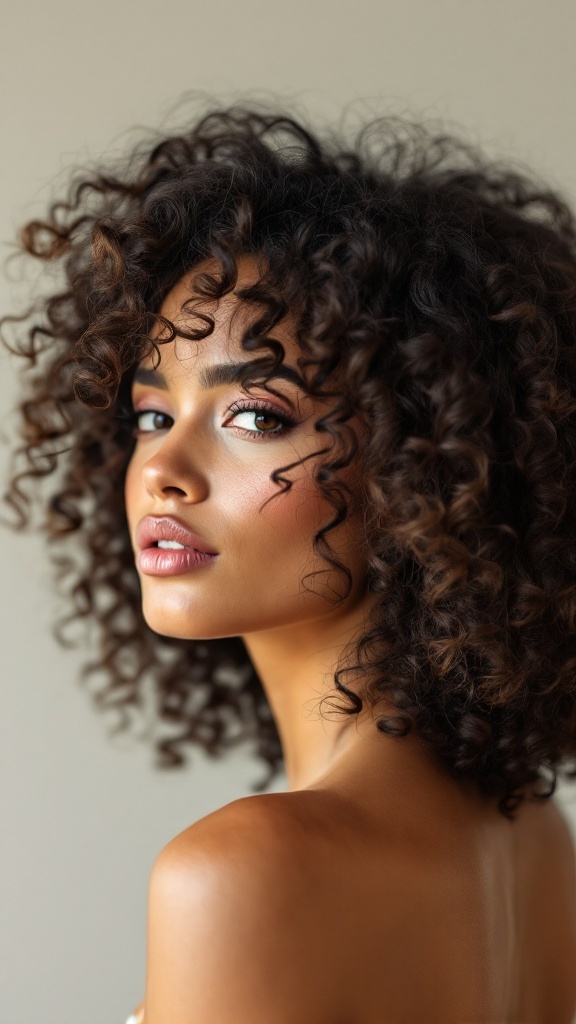 A woman with curly hair showcasing a butterfly cut hairstyle, highlighting layered curls.