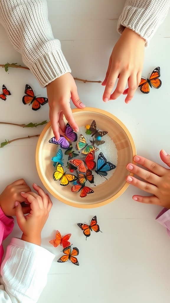 Kids' hands reaching for colorful butterfly decorations in a bowl.