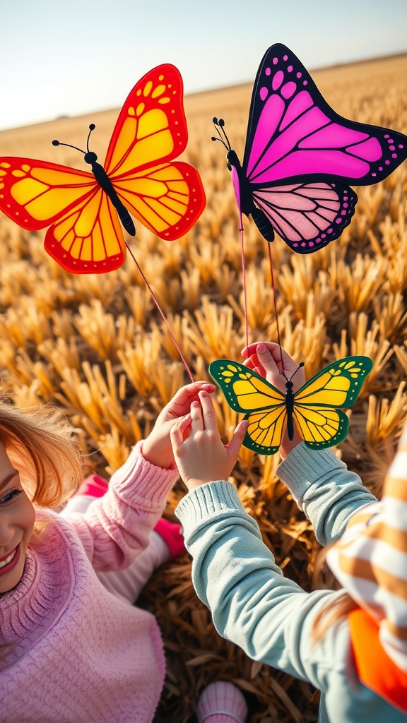 Children holding colorful butterfly kites in a field