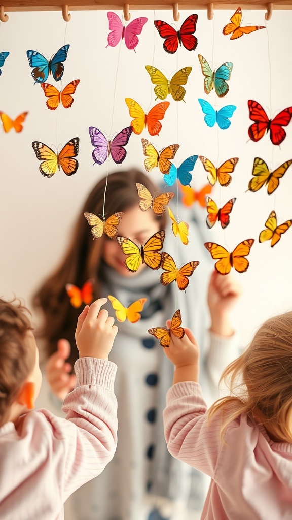 Kids creating and interacting with a colorful butterfly mobile