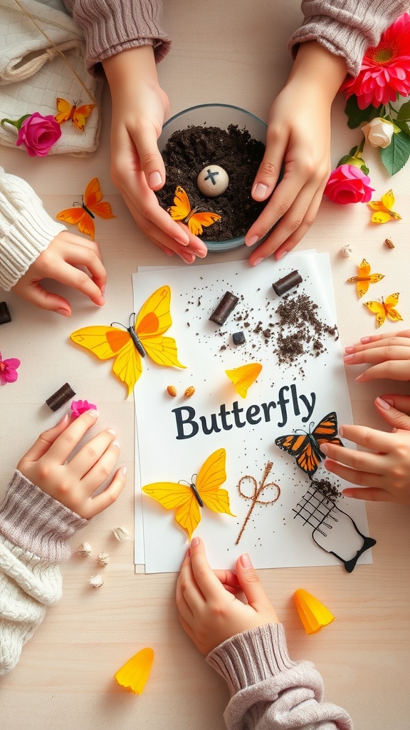 Kids making butterfly seed bombs with colorful decorations and soil.