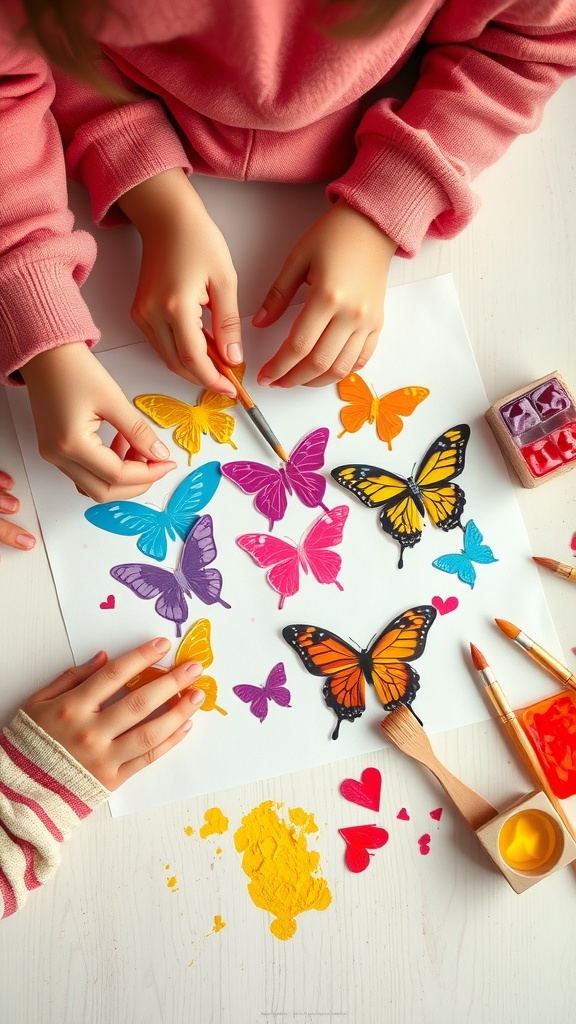 Kids painting colorful butterfly stencils together