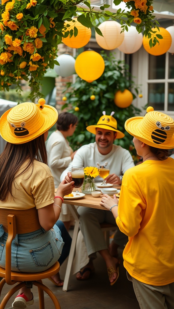 Guests in bee-themed attire, wearing yellow hats and enjoying a festive atmosphere.