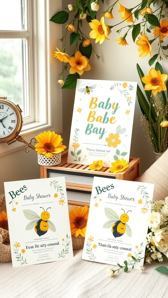 Bee-themed baby shower invitations with flowers and a cheerful bee illustration.