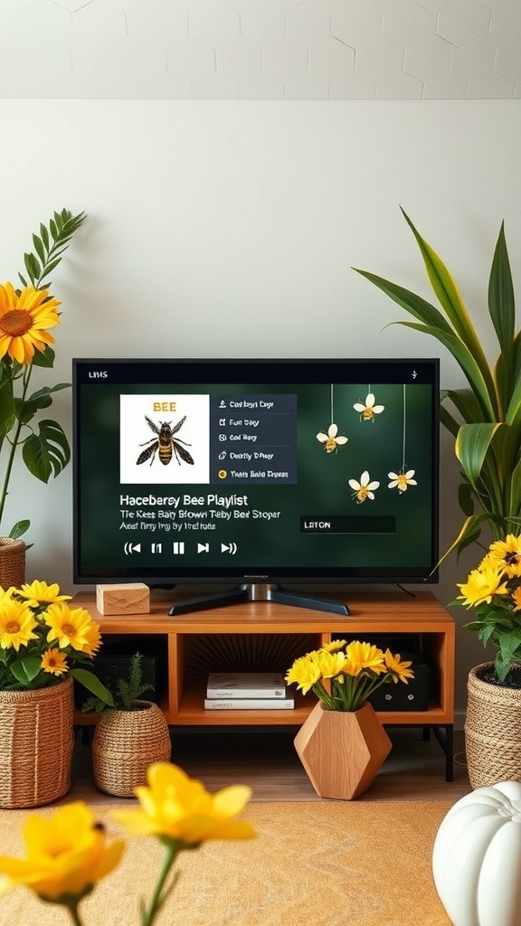 A cozy living room with a TV displaying a bee-themed music playlist and bright yellow flowers.
