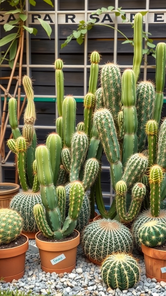 A variety of cacti arranged in terracotta pots, showcasing their unique shapes and textures in a natural setting.