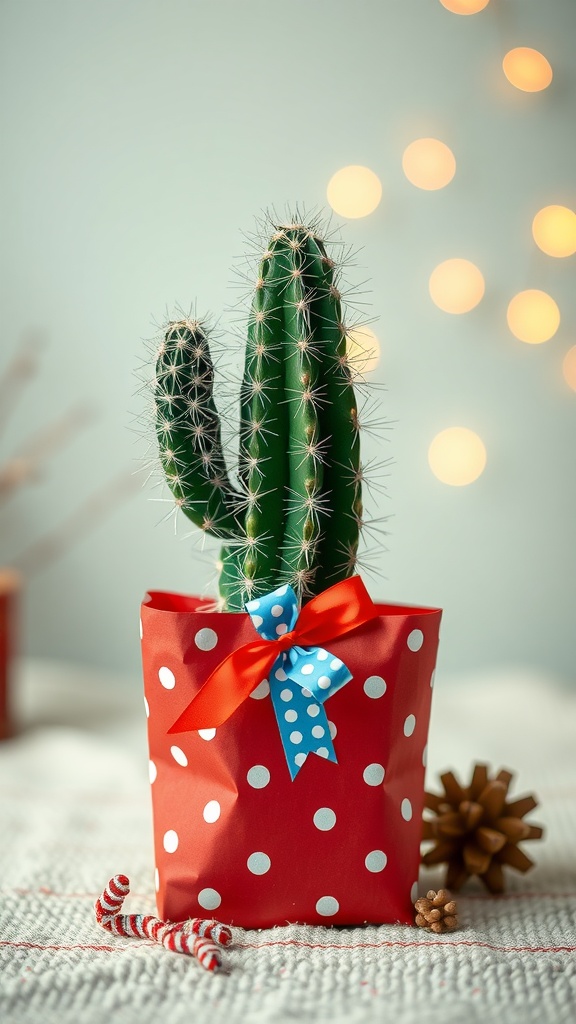 A cactus in a red polka-dotted wrapping with ribbons, decorated for gifting.