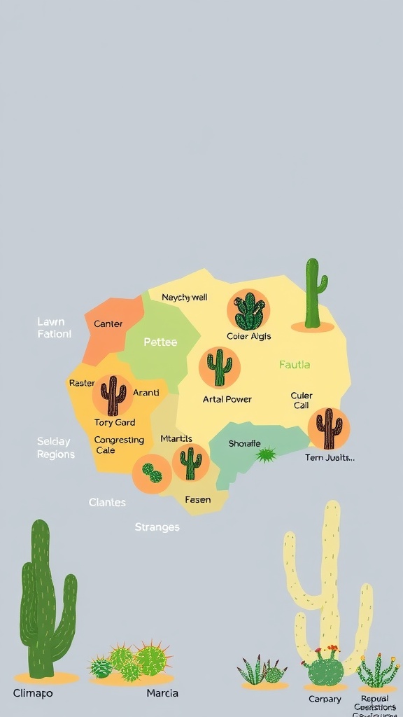 Map showing different regions where cacti grow and their adaptations