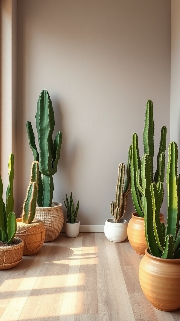 A corner of a room filled with various potted cacti, showcasing a mix of heights and textures against a neutral wall.