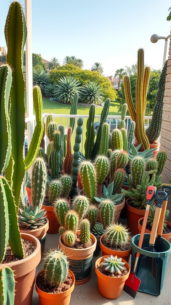 A collection of various cacti in terra-cotta pots on a balcony, with gardening tools nearby.