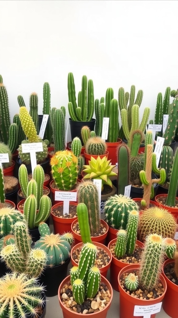 A variety of cacti in pots, showcasing different shapes and sizes.