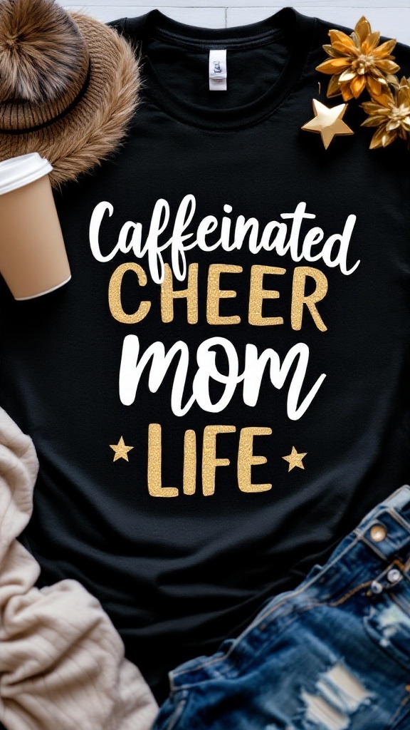 Black t-shirt with 'Caffeinated Cheer Mom Life' in white and glittery gold lettering, coffee cup, denim, and decorative items.