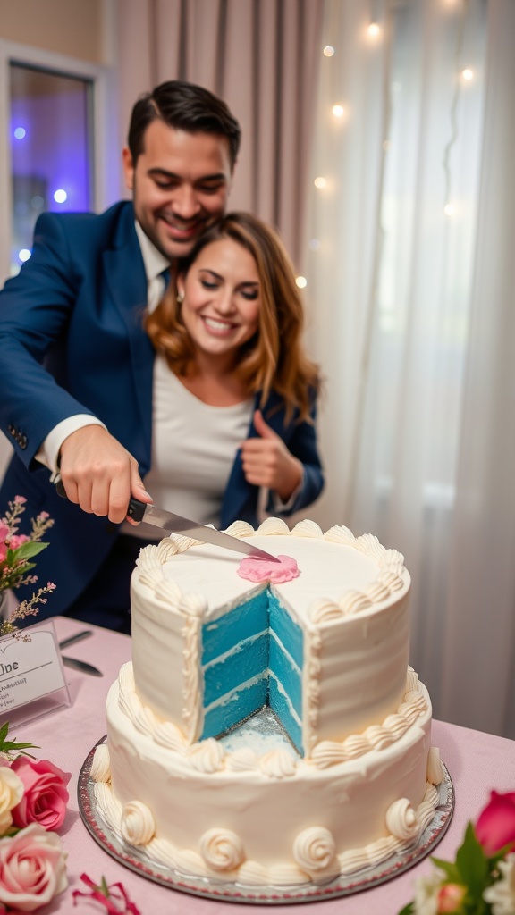 Couple cutting a cake that reveals a blue filling, indicating a baby boy announcement.