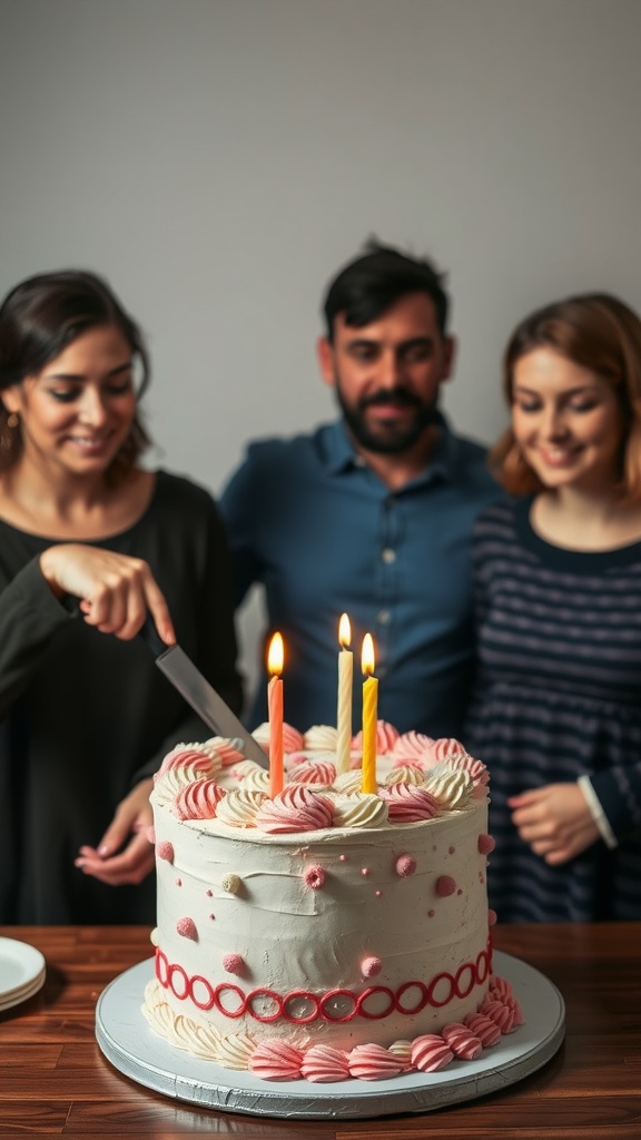 A group of people celebrating a cake slice surprise for a gender reveal party.