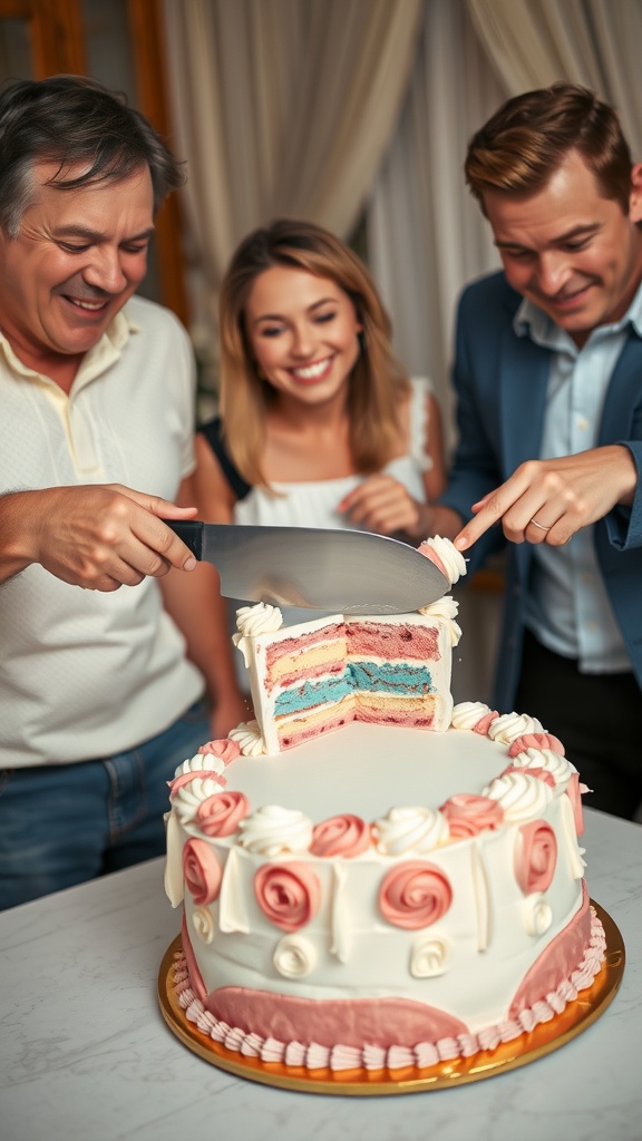 A gender reveal cake being cut, showing colorful layers inside.