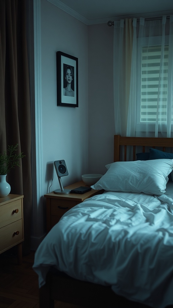 A calming bedroom featuring soft lighting and a cozy bed with music equipment on a bedside table.
