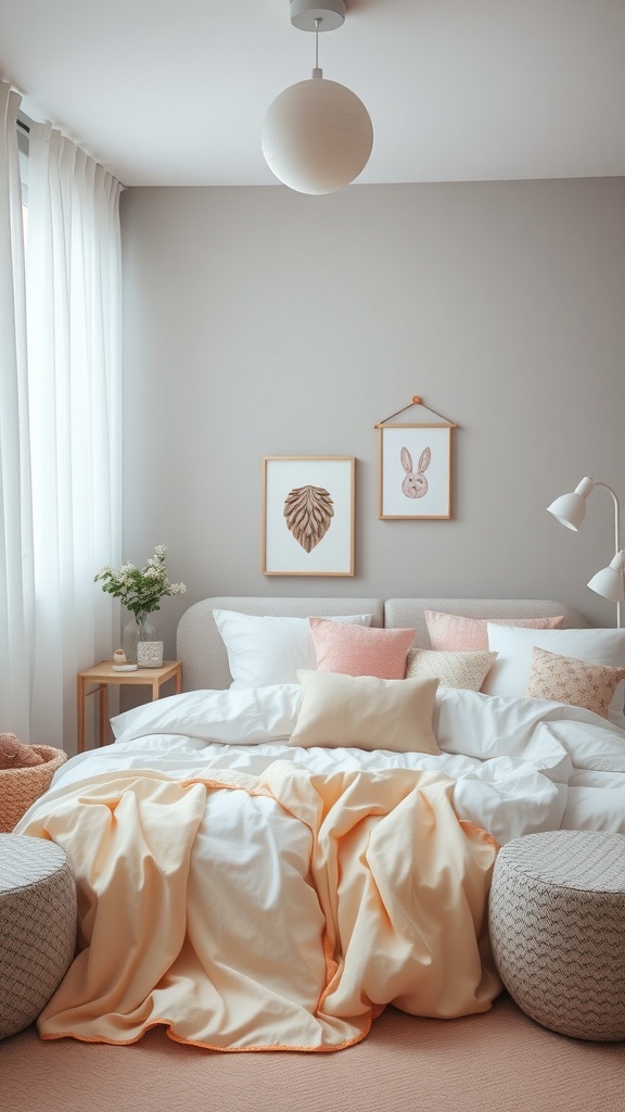 A calm toddler bedroom featuring soft colors, cozy bedding, and playful wall art.