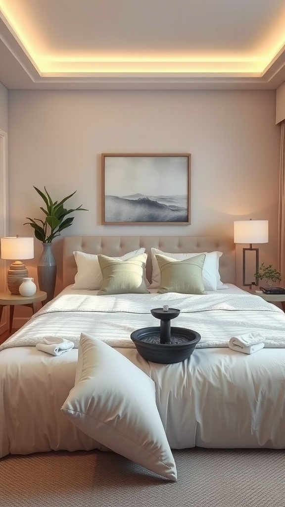 A serene bedroom featuring a cozy bed with soft pillows, a water feature, gentle lighting, and a small plant, creating a calming atmosphere for meditation and relaxation.