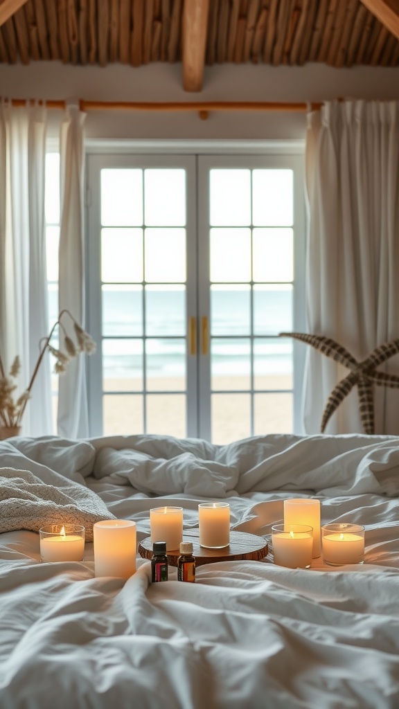 A cozy beach-themed bedroom with candles and essential oils for aromatherapy
