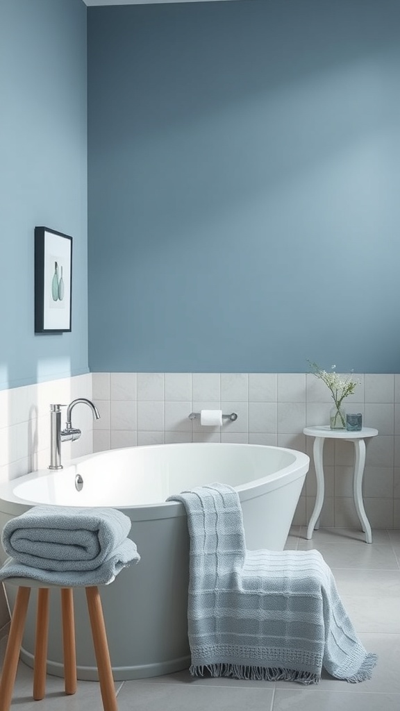A calming bathroom featuring blue walls, a freestanding tub, and gray tiles.
