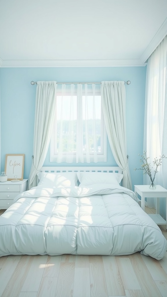 A serene bedroom with soft blue walls, white bedding, and sheer curtains, creating a calming atmosphere.