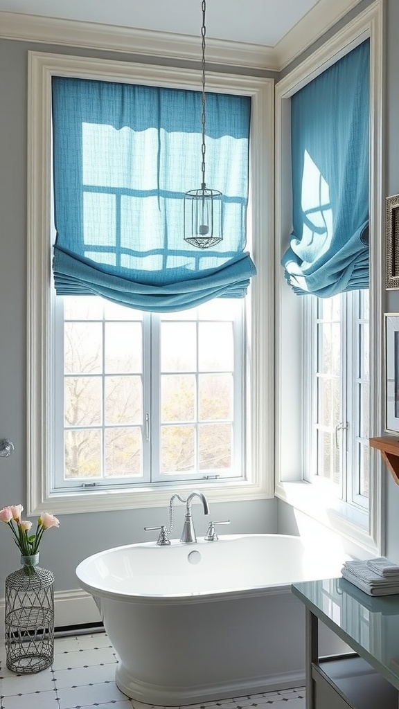 A bright bathroom featuring blue window treatments, a white bathtub, and a serene atmosphere.