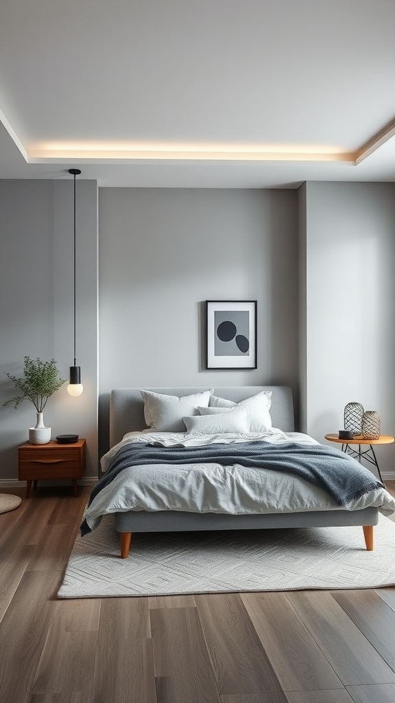 A neutral bedroom featuring a calming gray palette with modern furnishings.
