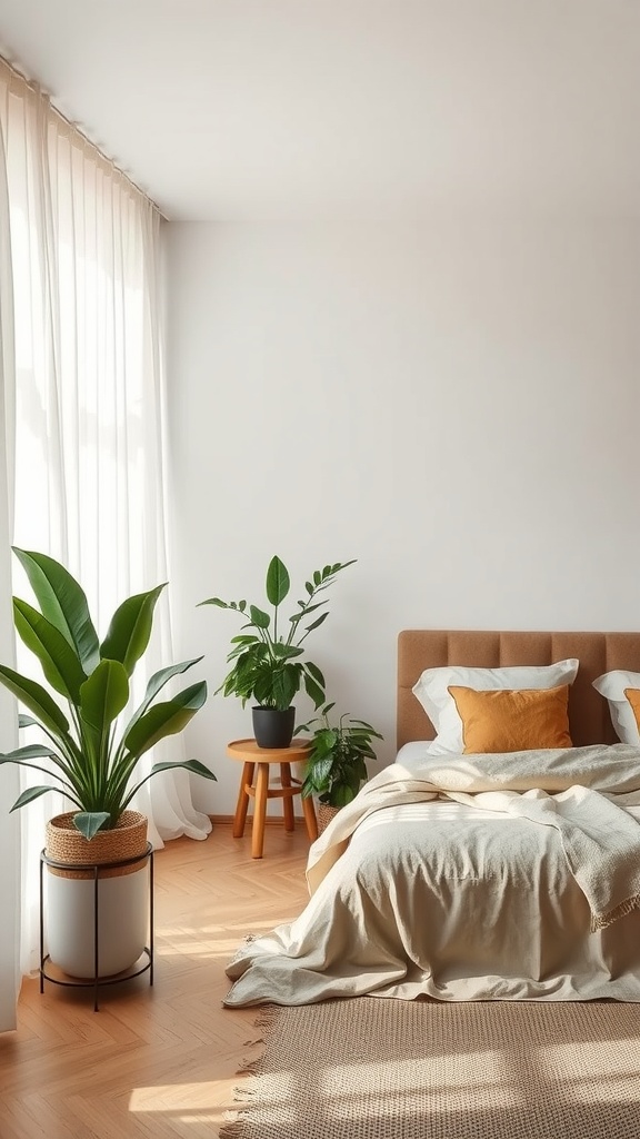A cozy bedroom with natural elements, featuring plants, a bed with soft bedding, and ample natural light.