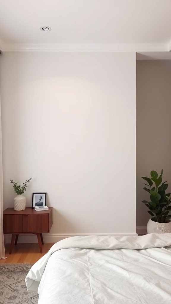 A serene bedroom with a neutral accent wall, featuring a bedside table with a plant and a picture frame.