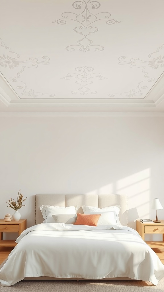 A cozy bedroom with a painted ceiling in neutral tones, featuring a light bedspread and soft lighting.