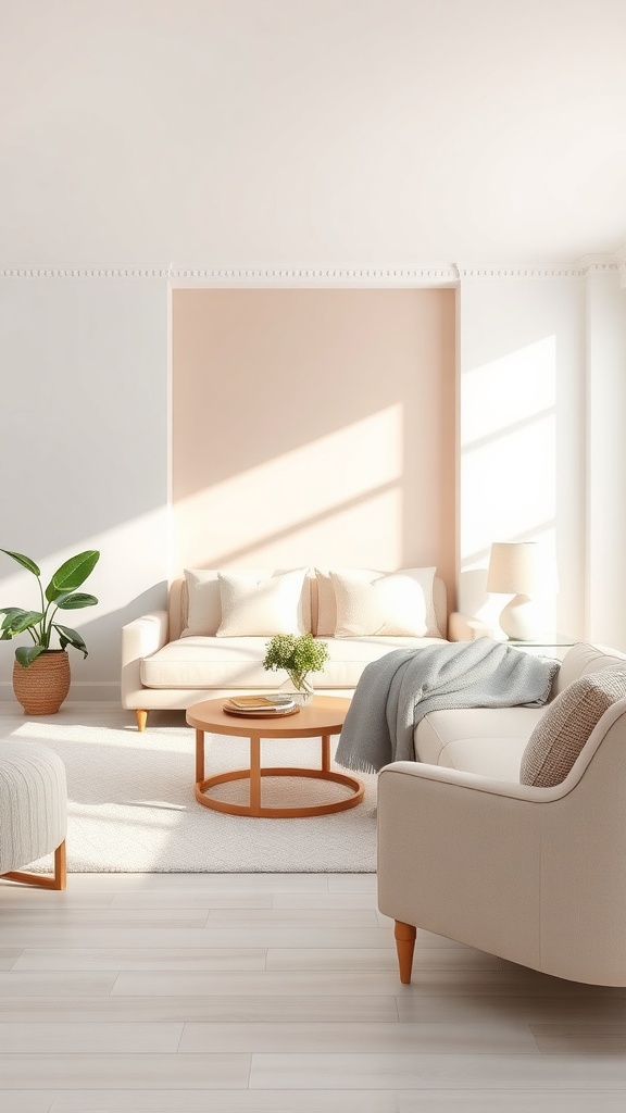 A cozy living room with a pastel pink accent wall, light-colored furniture, and a plant.