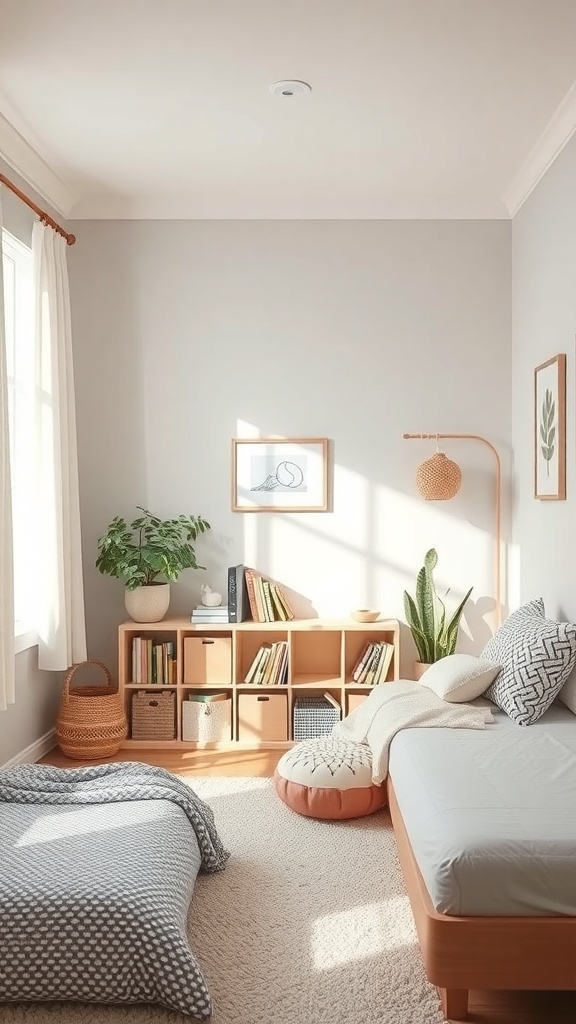A cozy reading nook in a Montessori toddler bedroom with a low bookshelf, cushions, and plants.