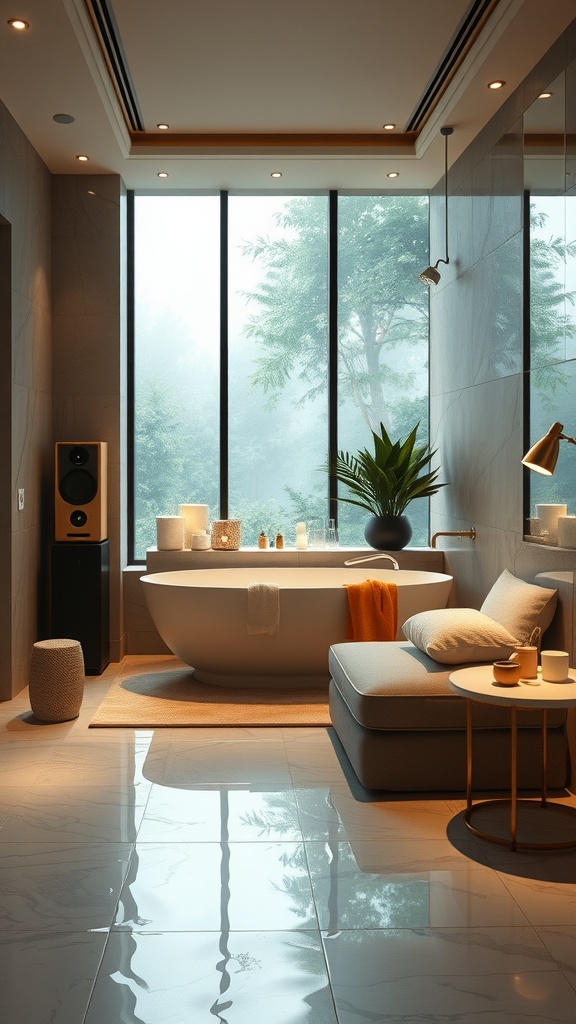 A modern bathroom with a calming sound system, large windows, and a relaxing atmosphere.