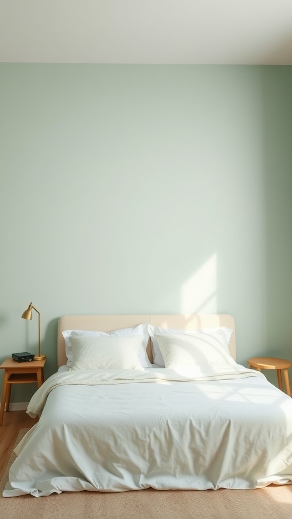 A minimalist zen bedroom with soft green walls and a neatly made bed, featuring light linens and wooden bedside tables.