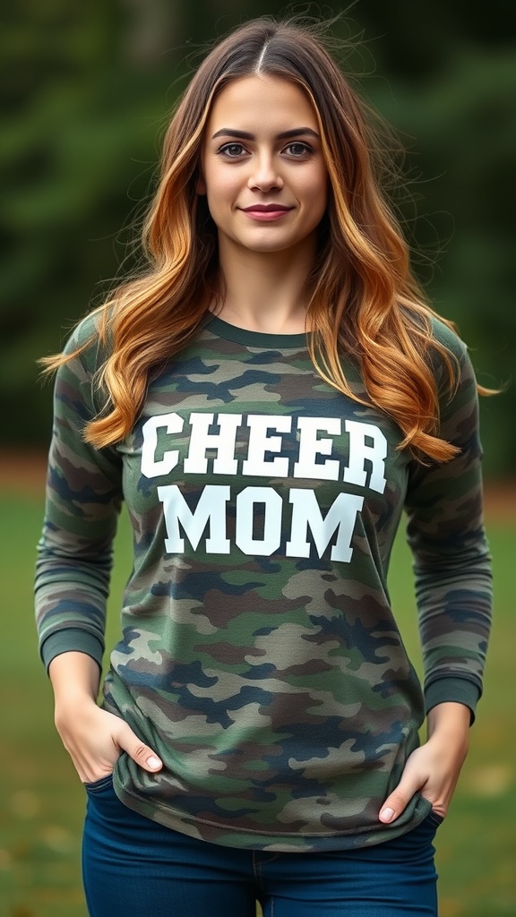 A woman wearing a camouflage cheer mom shirt with the text 'CHEER MOM' in white.