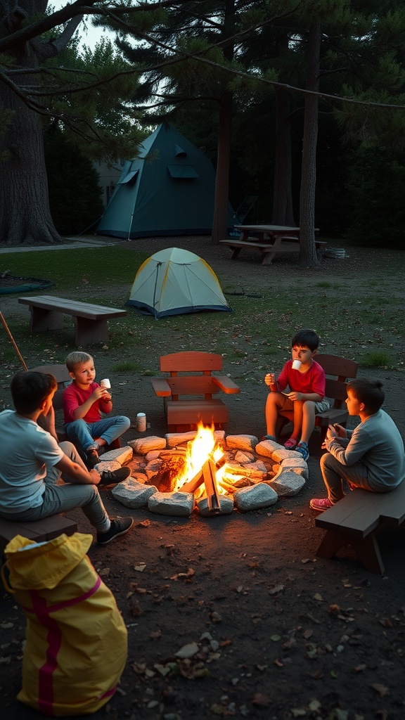 Children gathered around a campfire, enjoying snacks and each other's company.