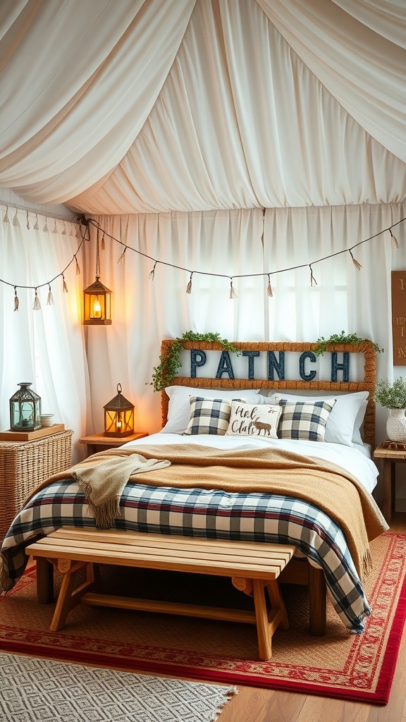 Cozy camping-themed bedroom with plaid bedding, wooden bench, and lanterns.