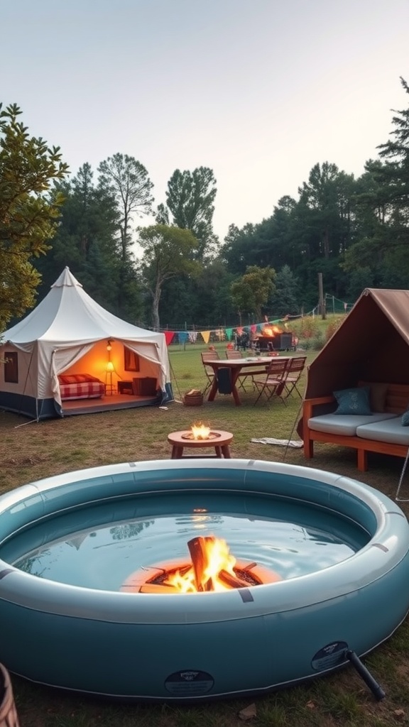 A cozy backyard campsite with an inflatable pool and tents, set in a lush green environment.