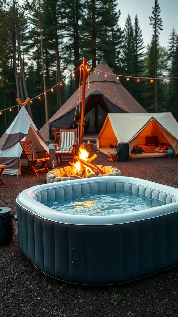An inflatable hot tub set up at a campsite with tents and a fire pit.