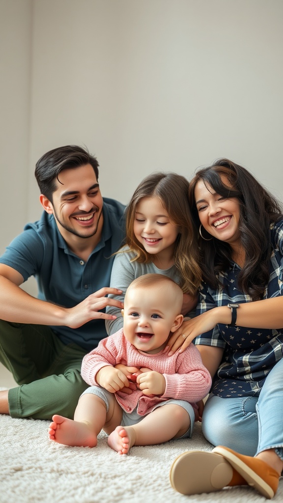 A family of four sharing a joyful moment on a cozy rug, with a smiling baby in the center.