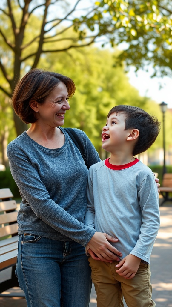 A mom and her son laughing together in a park.