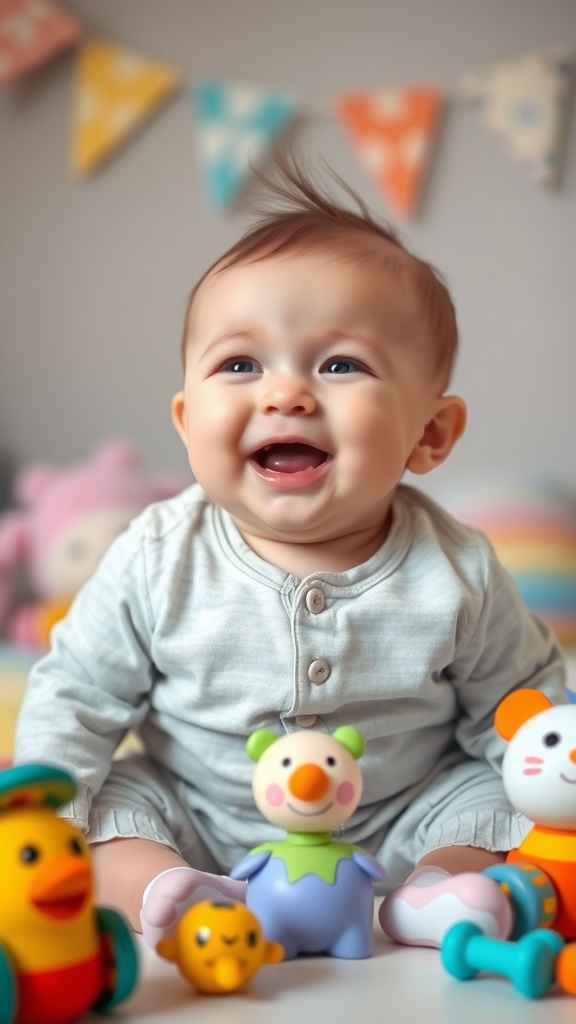 A happy baby laughing while surrounded by colorful toys