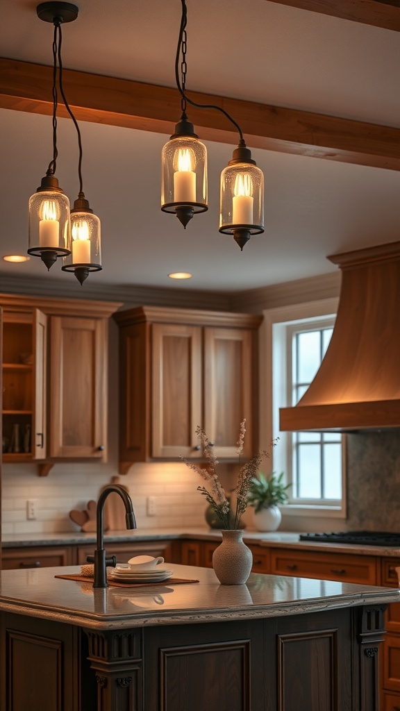 Kitchen with candle-like lighting fixtures hanging over the island, showcasing a warm and inviting atmosphere.